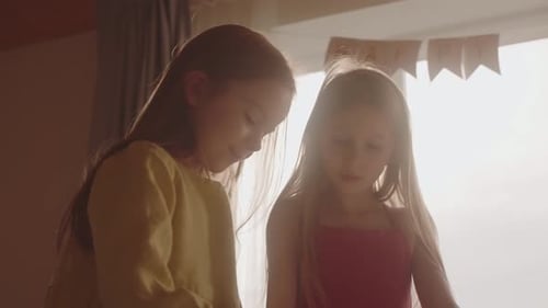 Portrait View Silhouette of Two Caucasian Girls at a Birthday Party