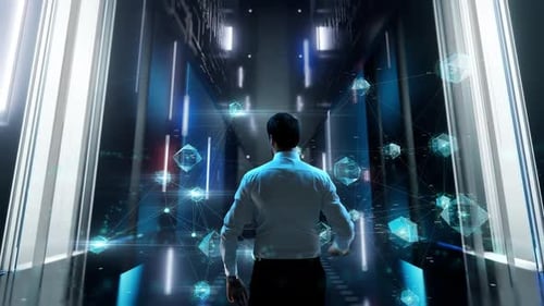 businessman looking at blockchain network visualization