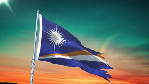 Marshall Islands Flag Waving Realistic Loop with Sunset Sky