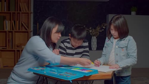 Family Art Project: Mother and Children Drawing Together