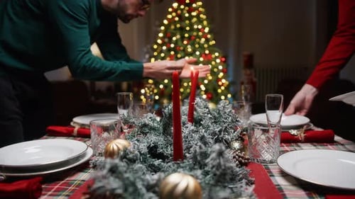 Christmas Table Setting Preparation with Glowing Tree