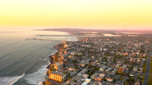 Ocean Beach community in San Diego California. Drone flight during sunset.
