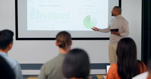 Conference, presentation and business people in audience for training workshop about finance