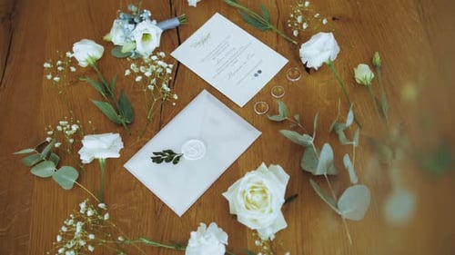 Wedding Details with Rings, Flowers, and Invitation