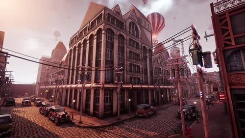 Steampunk Cityscape with Flying Hot Air Balloons