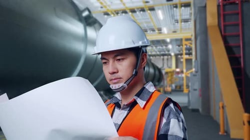 Side View Of Asian Male Engineer Looks At Blueprint, Looks Around In Pipe Manufacturing Factory