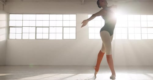 Dance, ballet and performance with black woman in studio for art, theater