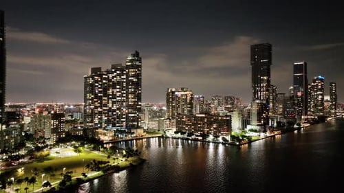 Aerial of Miami Florida Skyline at night