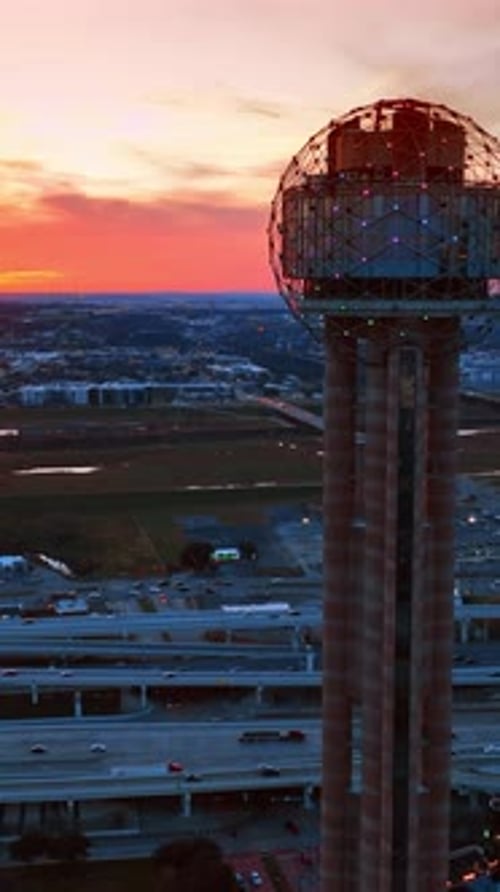Sunset view of a beautiful city panorama. Scenery of Dallas, Texas, USA from aerial perspective.