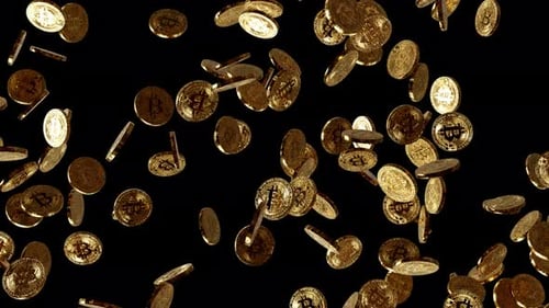 Bitcoin Cryptocurrency coins falling down. Money rain. Gold bitcoin BTC falling