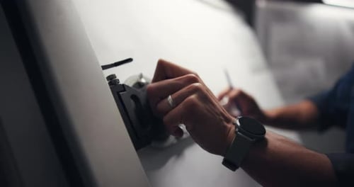 Hands, designer and drawing with ruler, canvas and lines for architecture