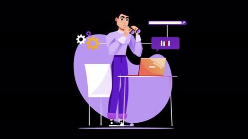 Animated Business Man with Binoculars Analyzing Data