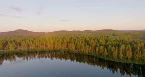 Spruce Forest With Reflections On The Calm Waters Of Lake At Midnight In Lapland, Sweden. - aerial