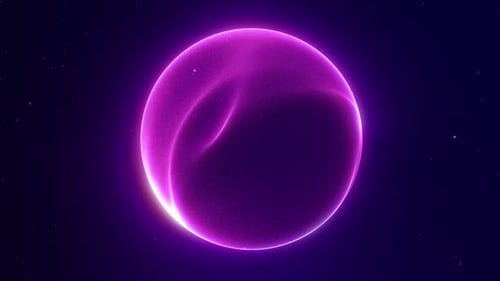 Purple flowing energy ball with particles field. Abstract magic sphere with plasma glow