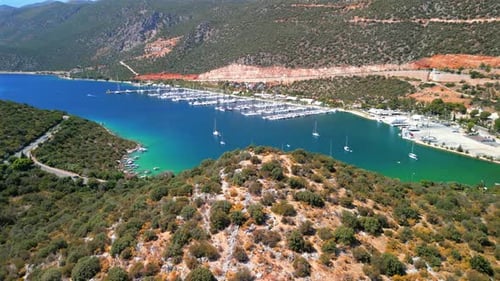 Aerial view of marina and boats, Turkey.
