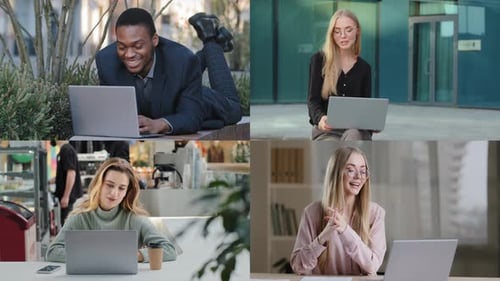 Equipe de negócios multirracial, etnias diversas, colagem, mulher caucasiana, homem africano, colegas
