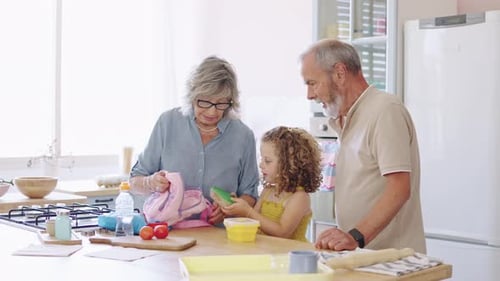 Grandparents Preparing Granddaughter's School Lunch in Slow Motion