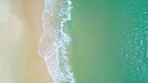 Aerial View of Sandy Beach and Turquoise Ocean Top View of Ocean Waves Reaching Shore on Sunny Day