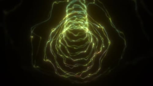 Abstract yellow-green digital waves swirling into a tunnel shape, suggesting data flow, light transm