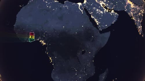 Realistic Digital Earth Night Orbit And Zoom Shining Country Flag Embedded In Borders Ghana