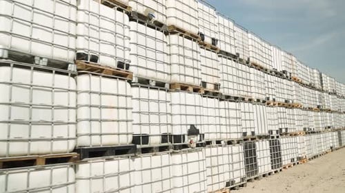Open warehouse Industrial Cube Barrels. Panorama