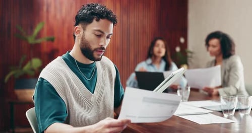 Documents, tablet and businessman in office with finance reports for company budget plan meeting