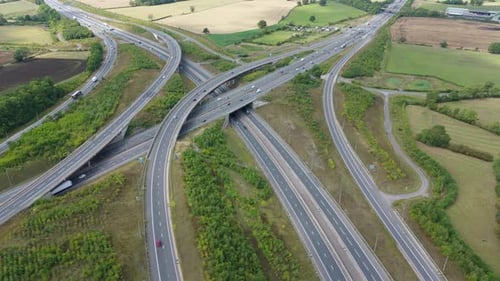 Aerial view of motorway interchange, United Kingdom.