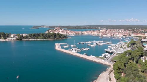 Croatia Boat Harbor Port on Adriatic Sea Coast. Aerial Drone Establishing View