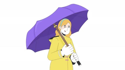 Animated Woman in Yellow Raincoat Holding Purple Umbrella