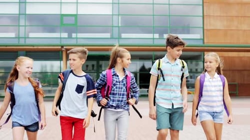 Primary Education, Communication And People Concept - Group Of Happy Elementary School Students W...