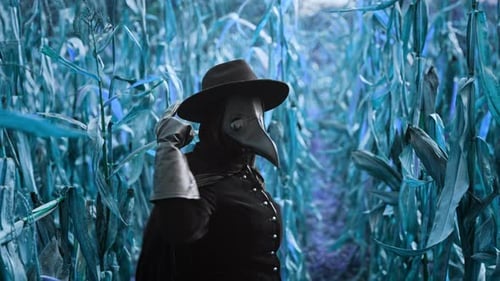 Plague Doctor Gothic Woman Dancing in Blue Thickets