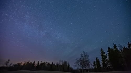 Astrophotography Time Lapse Of Starry Sky At Night Over Alpine Forest