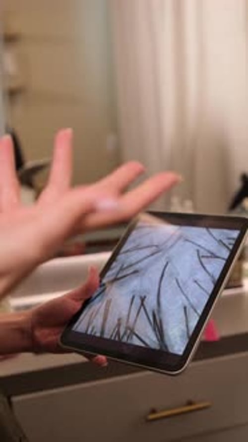 Woman Holds Tablet Displaying Close-Up Hair and Scalp