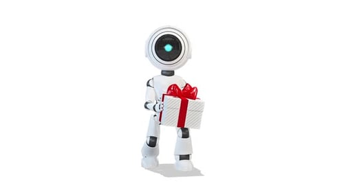 Robotertanz mit einem Geschenk auf weißem Hintergrund