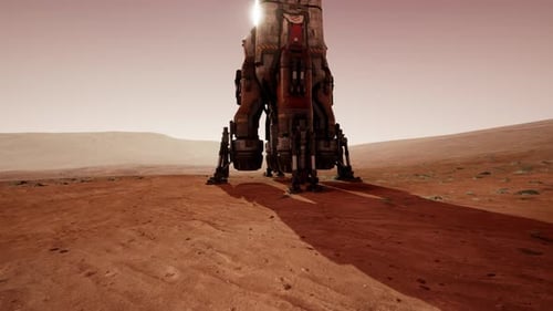 Martian Base with a Spacecraft Landing on the Red Planets Surface at Dawn