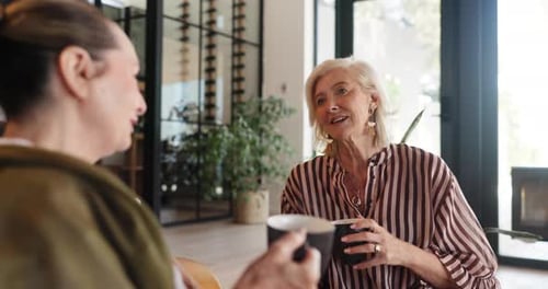 Two Women Enjoying Conversation Over Coffee Indoors