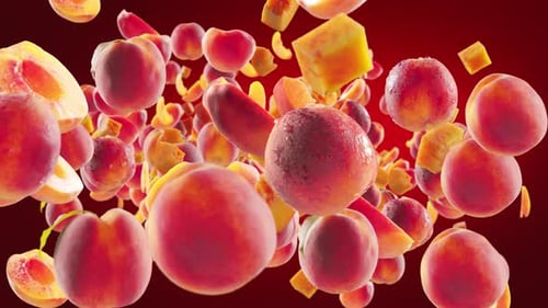Dynamic Falling Peaches with Water Droplets
