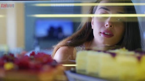 Woman Looks at Cakes in Display Case