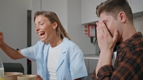 Smiling Family Playing Food During Home Breakfast Happy Married Couple Have Fun