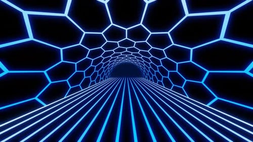 Retro Blue Neon Road Tunnel with Hexagon Arch Loop Animation Background