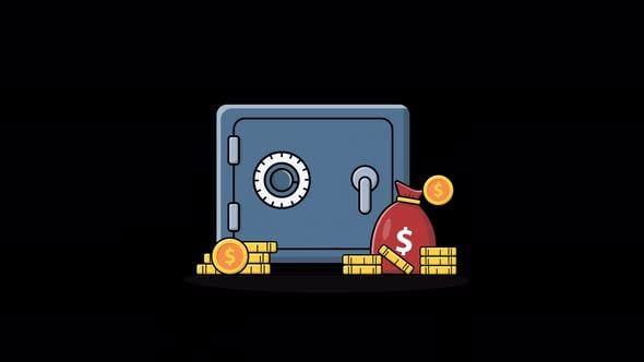 Animated Safe Box with Money Bag and Coin Stack. Secure Money Concept ...