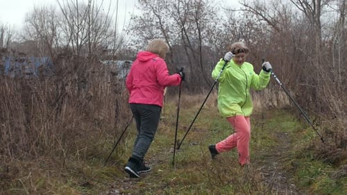 Women Hiking with Poles in Nature