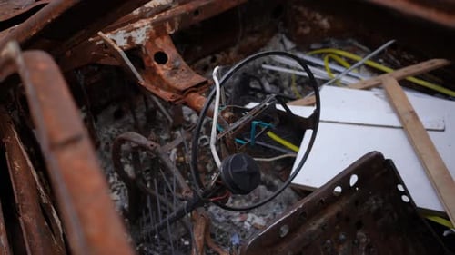 Bombed Wrecked Interior of Destroyed Civil Car Closeup