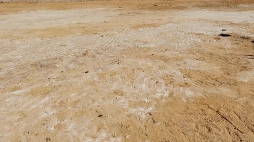 Evaporated salt water leaves ridges and white marks across sand of the Dead Sea