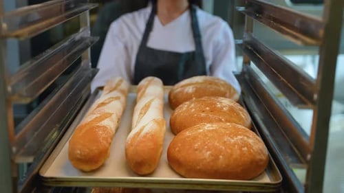 Freshly Baked Bread Placed on Cooling Rack By Baker