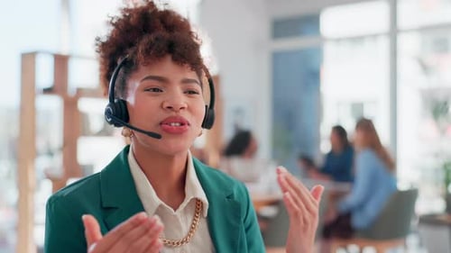 Woman, contact or advice in call center for customer service, telemarketing or FAQ in office