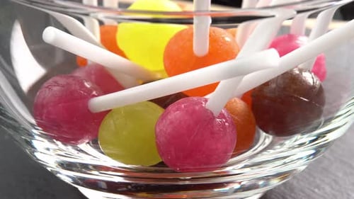 Bowl of Colorful Lollipops Candy Close Up