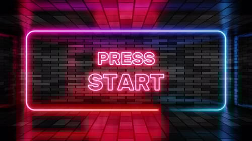 Flickering Neon Press Start Sign Animation on Brick Wall