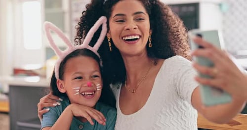 Mother, child and easter in selfie, smile and bunny ears for festive holiday