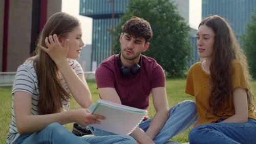 Gruppe kaukasischer Studenten, die außerhalb des Universitätscampus studieren. Aufgenommen mit RED-Heliumkamera in 8